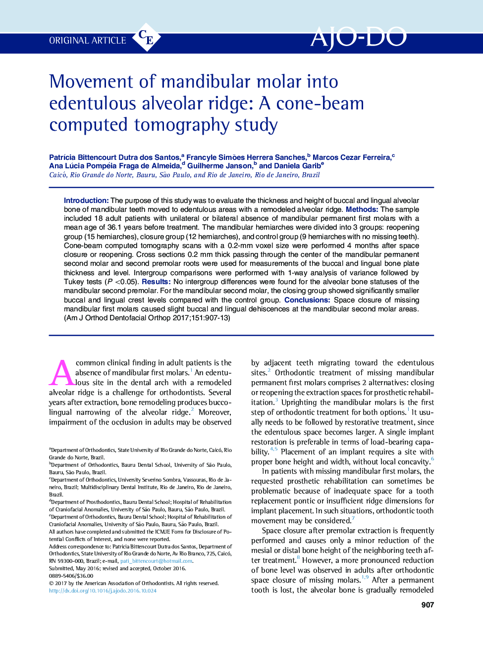 Movement of mandibular molar into edentulous alveolar ridge: A cone-beam computed tomography study