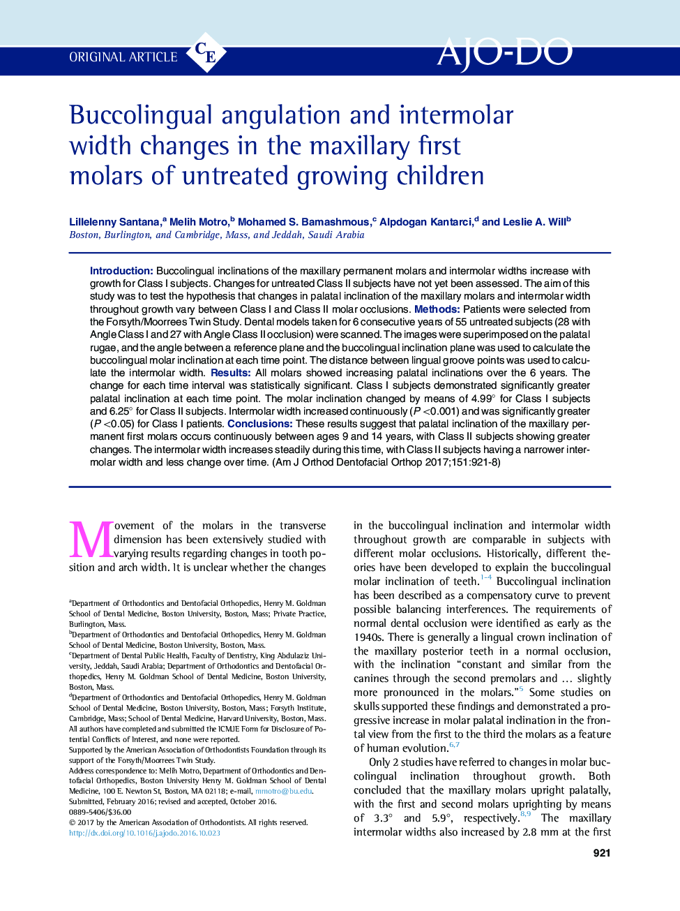 Buccolingual angulation and intermolar width changes in the maxillary first molars of untreated growing children