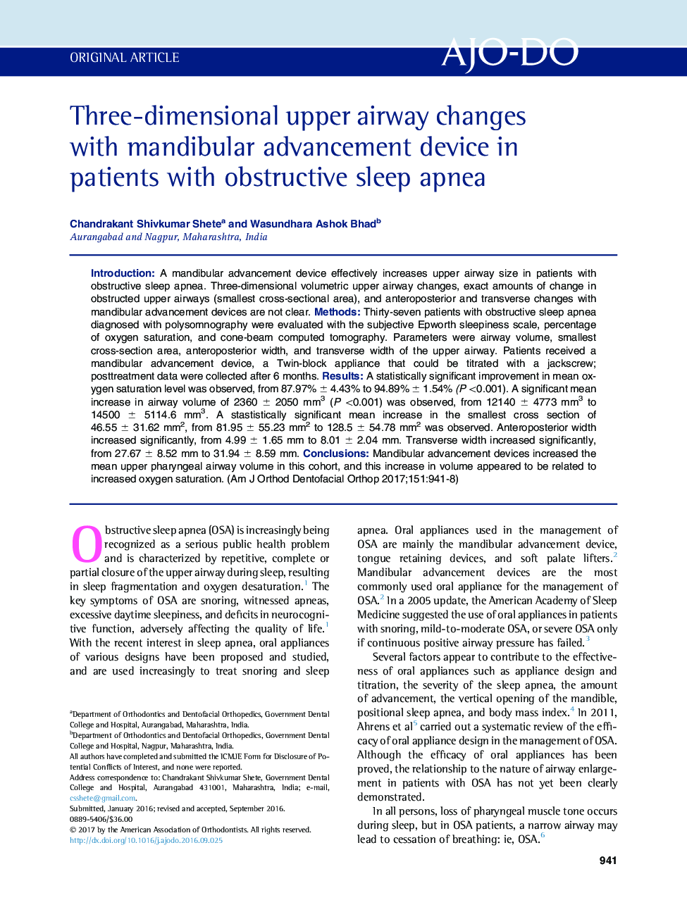 Three-dimensional upper airway changes with mandibular advancement device in patients with obstructive sleep apnea