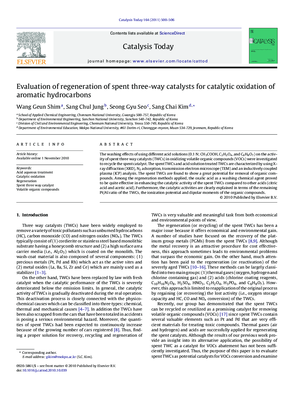 Evaluation of regeneration of spent three-way catalysts for catalytic oxidation of aromatic hydrocarbons