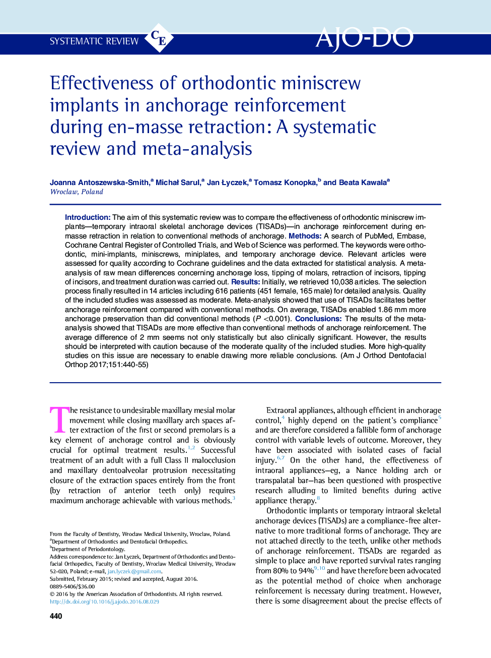 Effectiveness of orthodontic miniscrew implants in anchorage reinforcement during en-masse retraction: A systematic review and meta-analysis