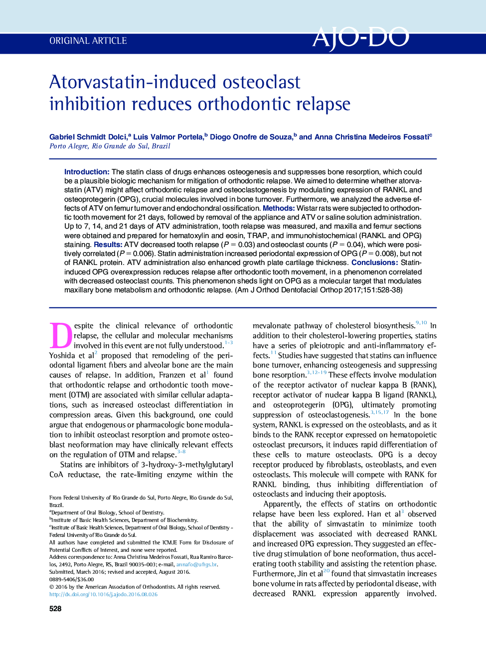 Atorvastatin-induced osteoclast inhibition reduces orthodontic relapse