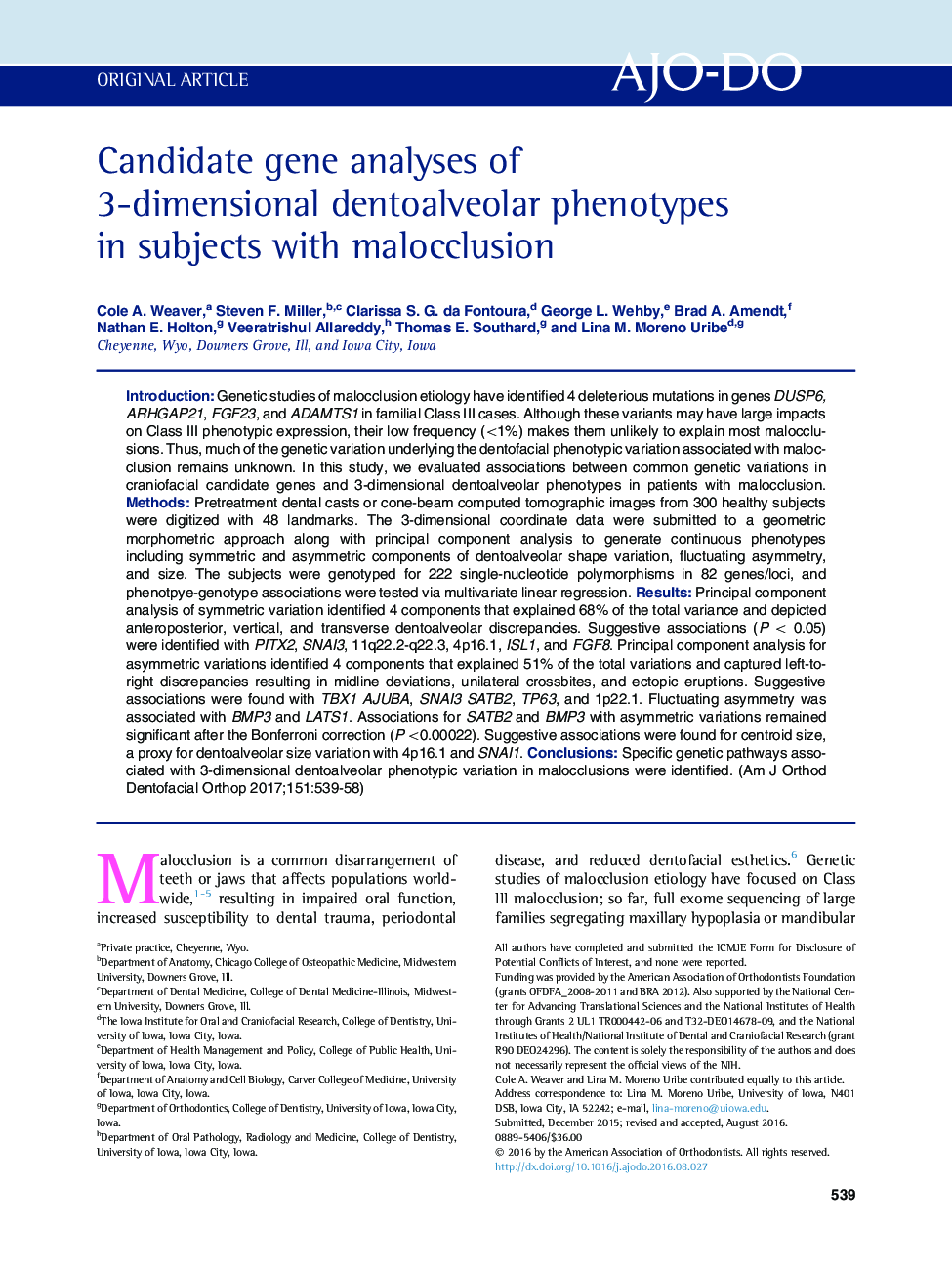 Candidate gene analyses of 3-dimensional dentoalveolar phenotypes in subjects with malocclusion