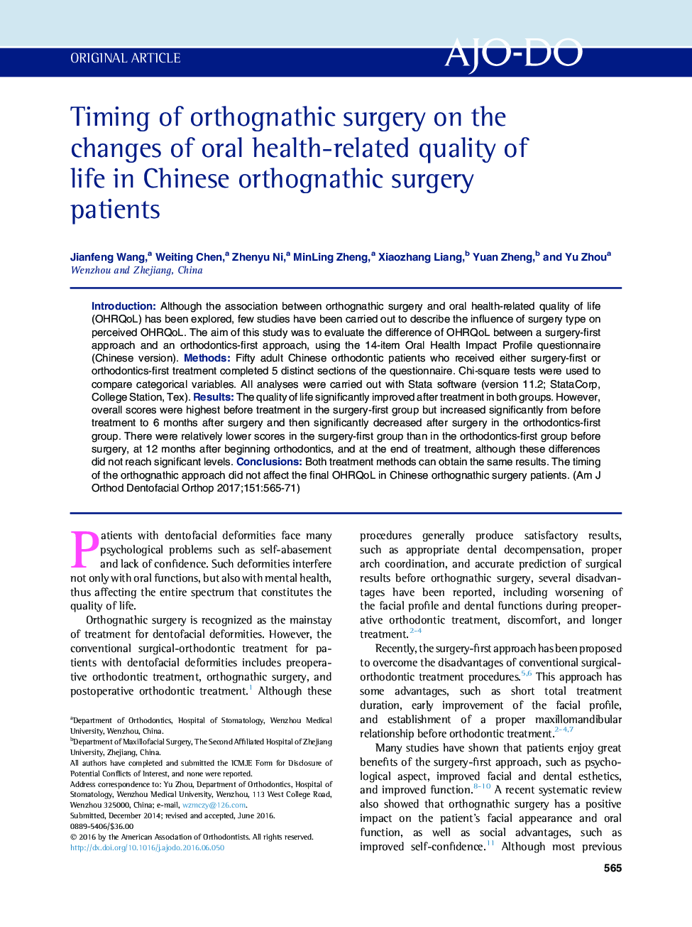 Timing of orthognathic surgery on the changes of oral health-related quality of life in Chinese orthognathic surgery patients