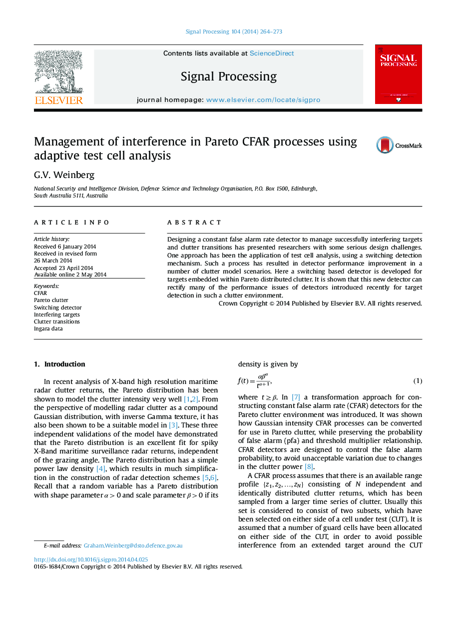 Management of interference in Pareto CFAR processes using adaptive test cell analysis