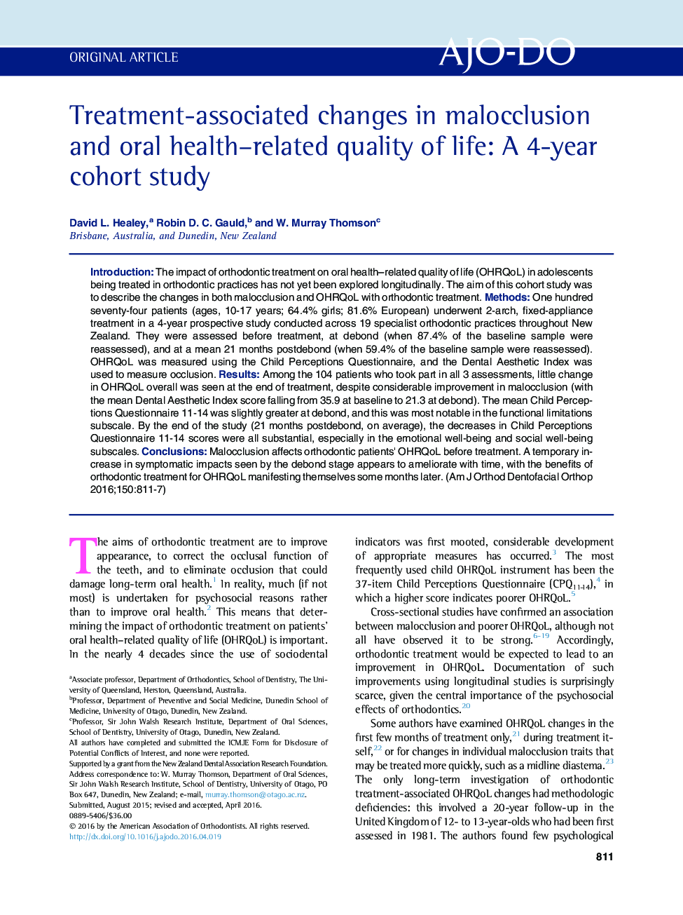 Treatment-associated changes in malocclusion and oral health-related quality of life: A 4-year cohort study