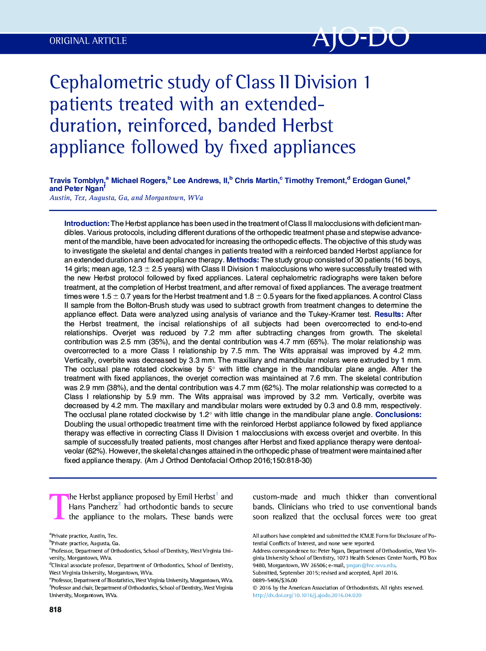 Cephalometric study of Class II Division 1 patients treated with an extended-duration, reinforced, banded Herbst appliance followed by fixed appliances