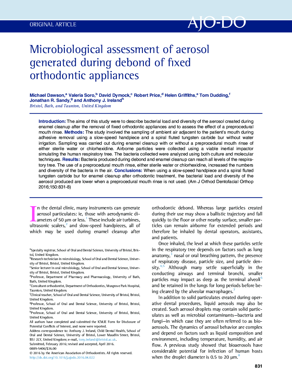 Microbiological assessment of aerosol generated during debond of fixed orthodontic appliances