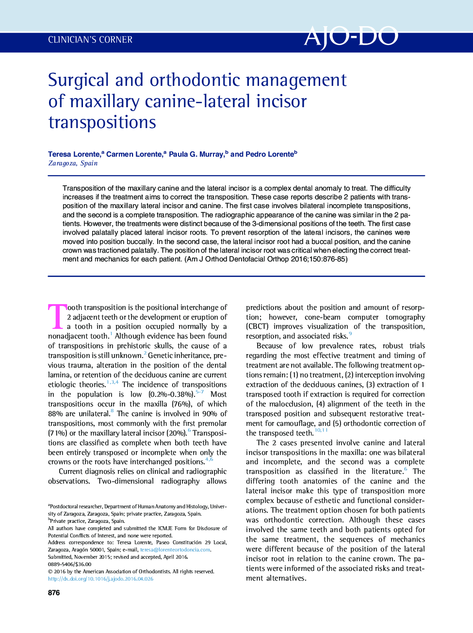 Surgical and orthodontic management of maxillary canine-lateral incisor transpositions