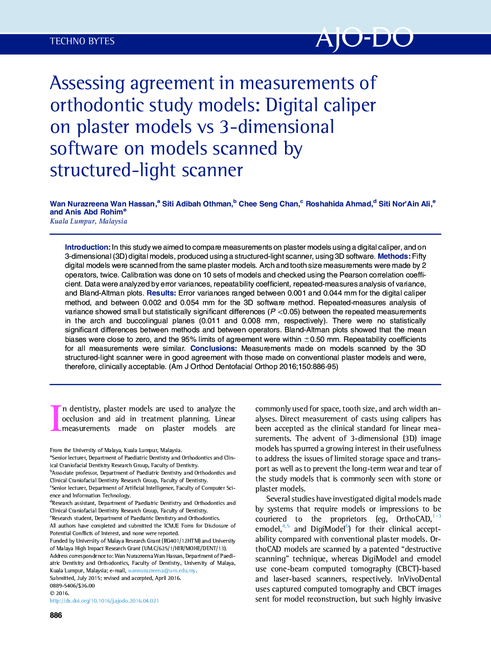 Assessing agreement in measurements of orthodontic study models: Digital caliper on plaster models vs 3-dimensional software on models scanned by structured-light scanner