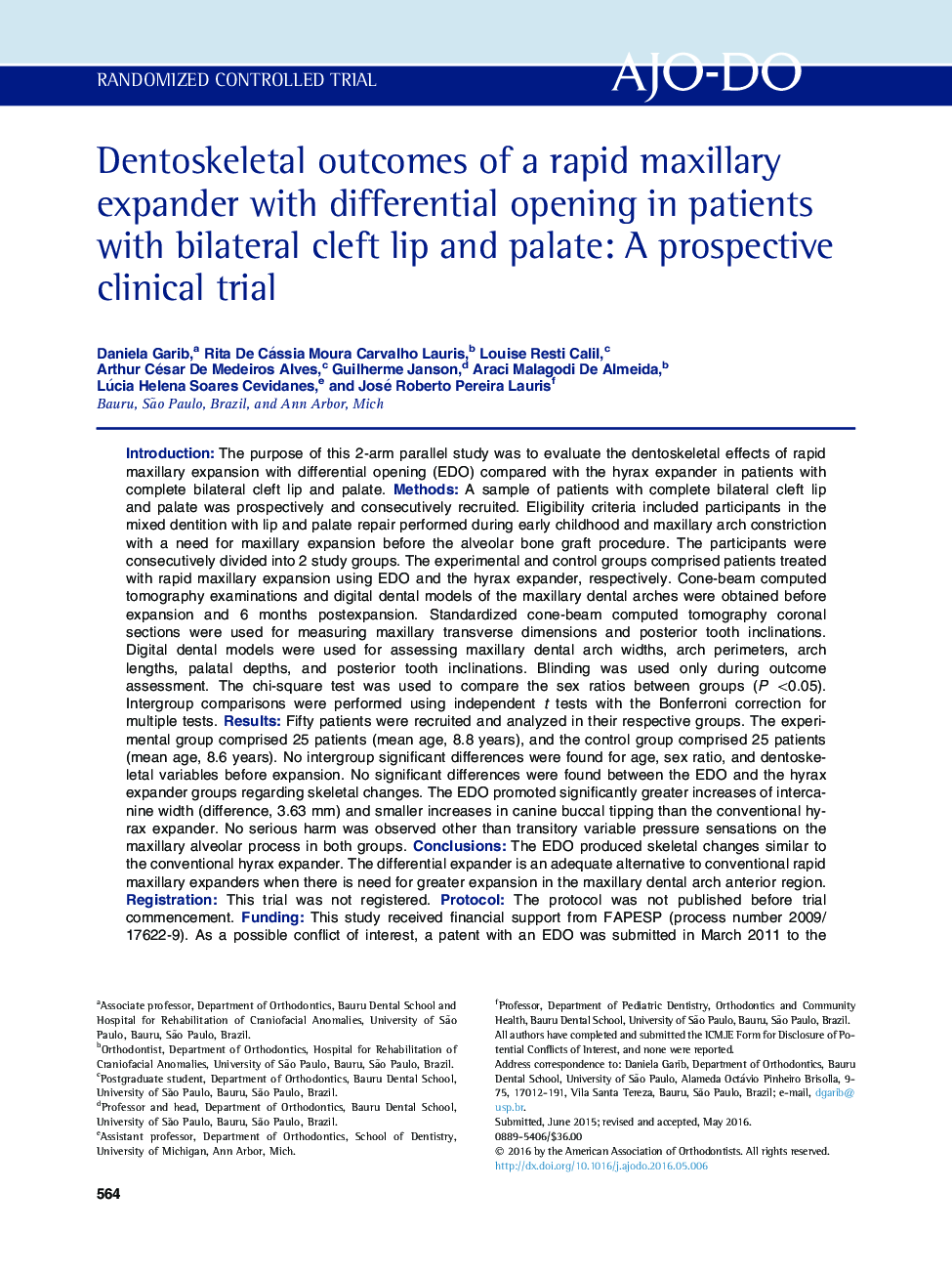 Dentoskeletal outcomes of a rapid maxillary expander with differential opening in patients with bilateral cleft lip and palate: A prospective clinical trial