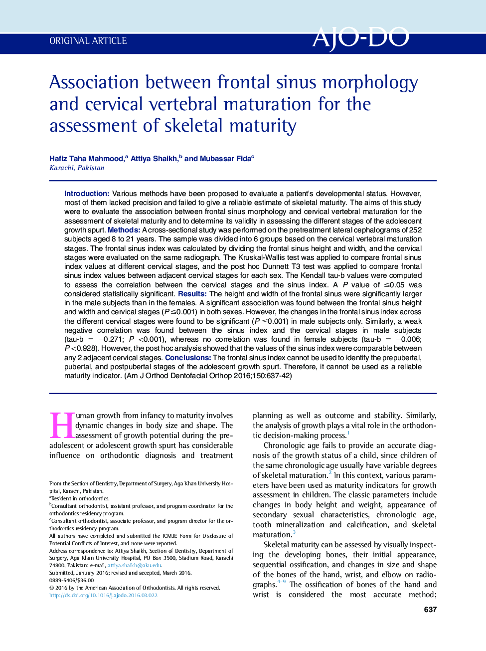 Association between frontal sinus morphology and cervical vertebral maturation for the assessment of skeletal maturity