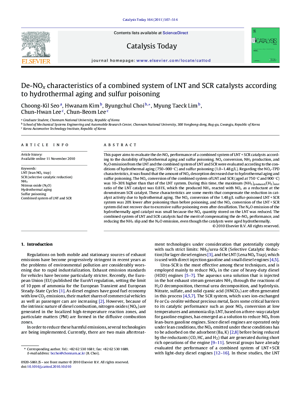 De-NOx characteristics of a combined system of LNT and SCR catalysts according to hydrothermal aging and sulfur poisoning