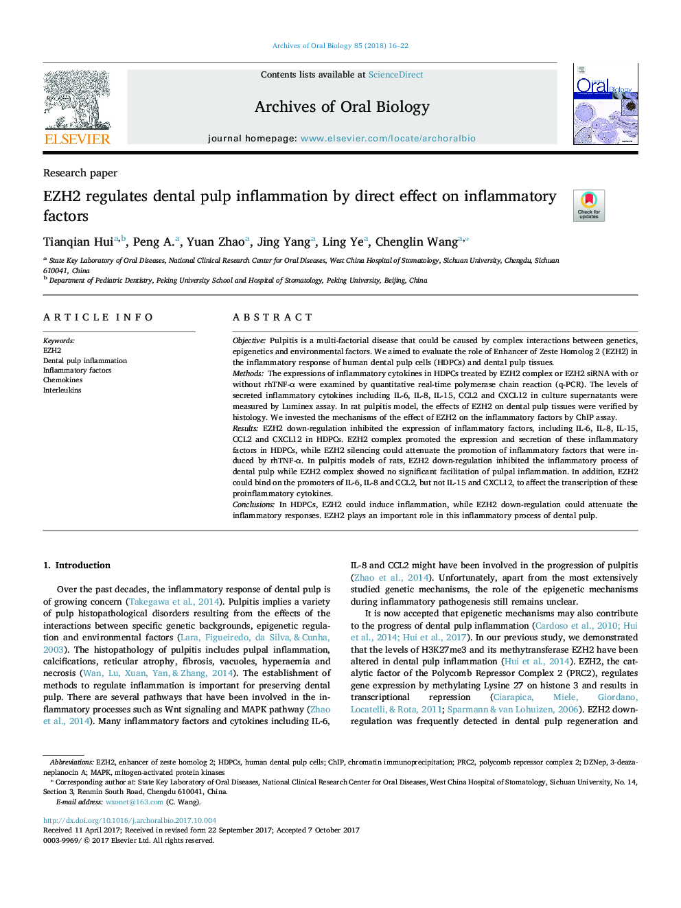 EZH2 regulates dental pulp inflammation by direct effect on inflammatory factors