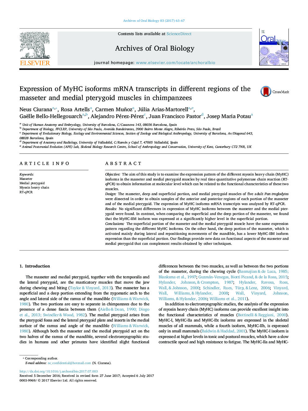 Expression of MyHC isoforms mRNA transcripts in different regions of the masseter and medial pterygoid muscles in chimpanzees