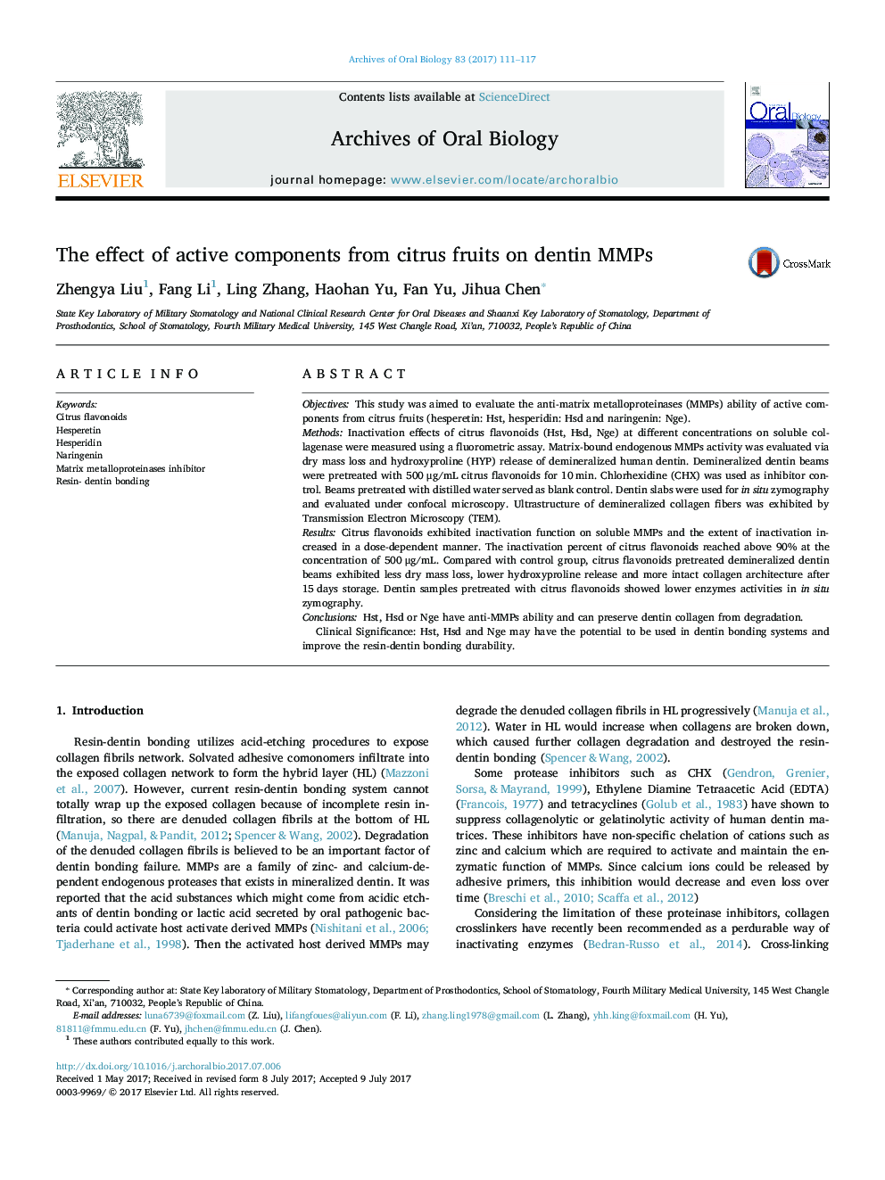 The effect of active components from citrus fruits on dentin MMPs