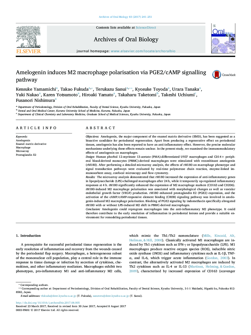 Amelogenin induces M2 macrophage polarisation via PGE2/cAMP signalling pathway