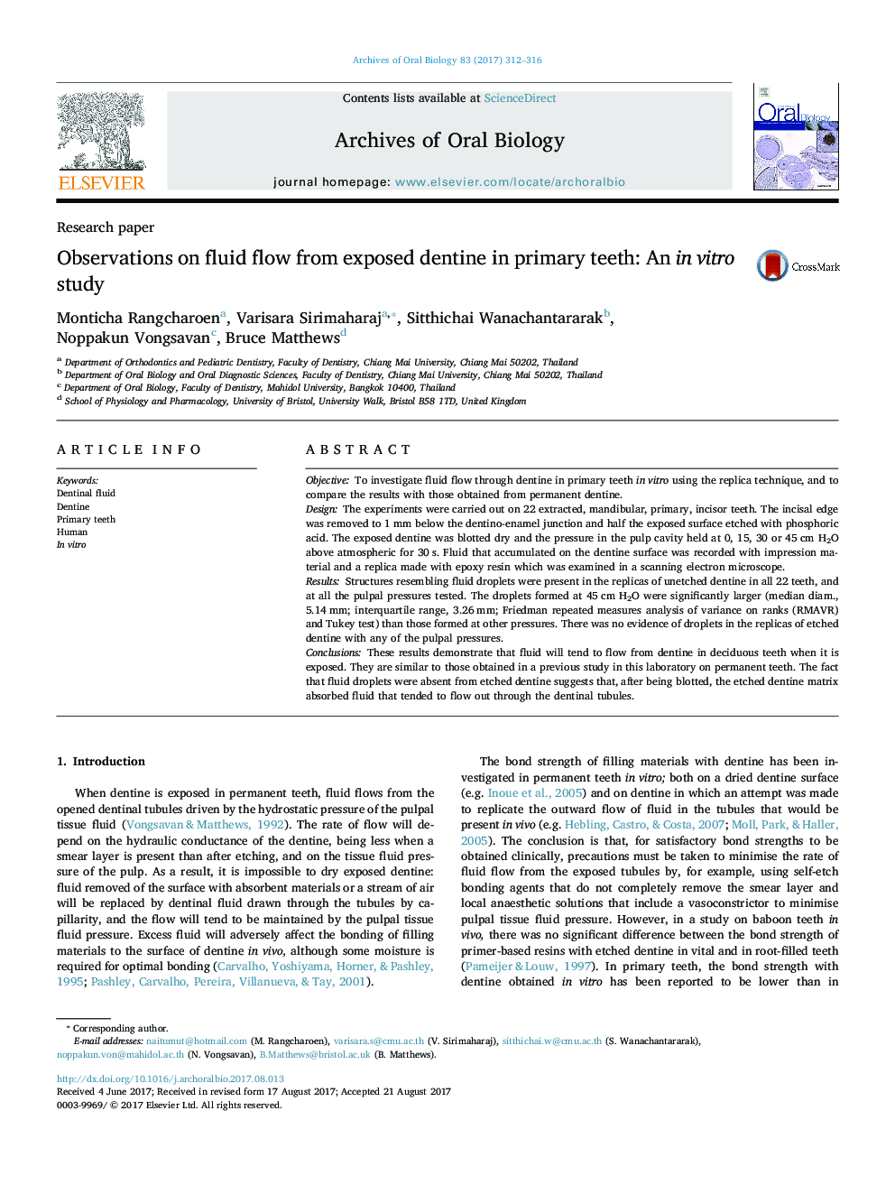 Observations on fluid flow from exposed dentine in primary teeth: An in vitro study