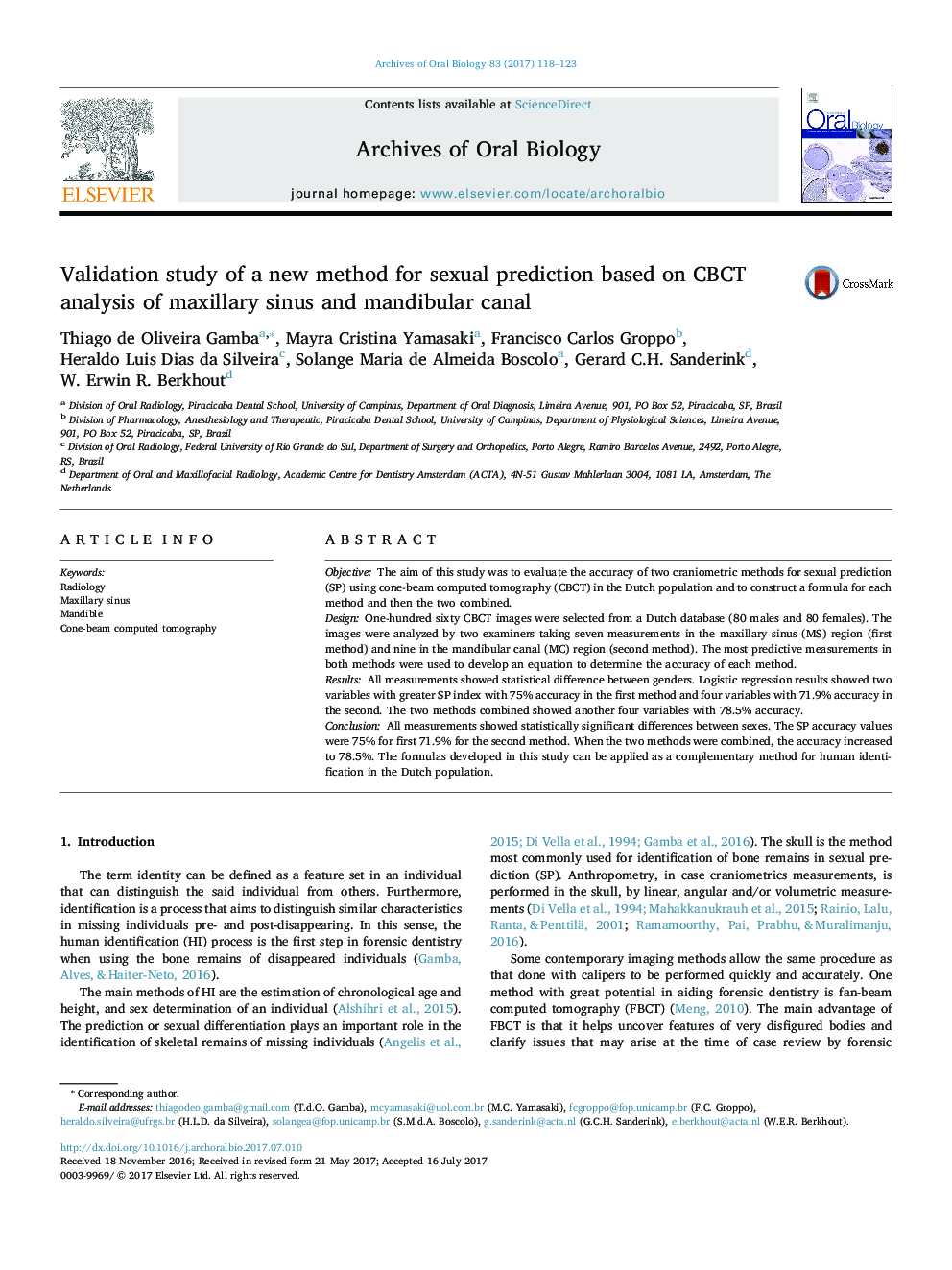 Validation study of a new method for sexual prediction based on CBCT analysis of maxillary sinus and mandibular canal