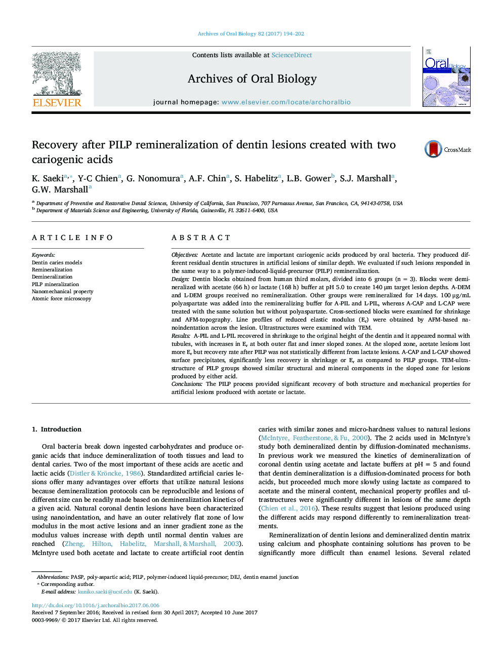 Recovery after PILP remineralization of dentin lesions created with two cariogenic acids