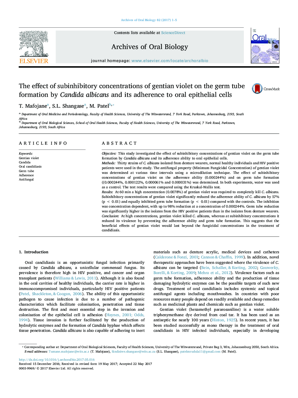 The effect of subinhibitory concentrations of gentian violet on the germ tube formation by Candida albicans and its adherence to oral epithelial cells