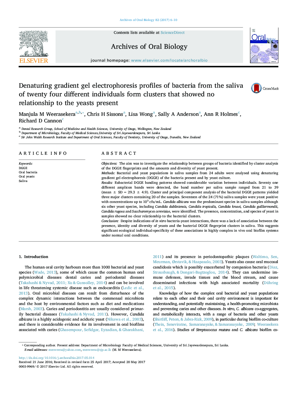 Denaturing gradient gel electrophoresis profiles of bacteria from the saliva of twenty four different individuals form clusters that showed no relationship to the yeasts present