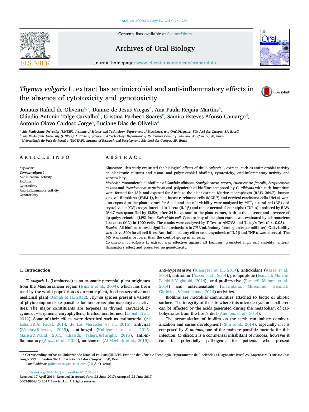 Thymus vulgaris L. extract has antimicrobial and anti-inflammatory effects in the absence of cytotoxicity and genotoxicity