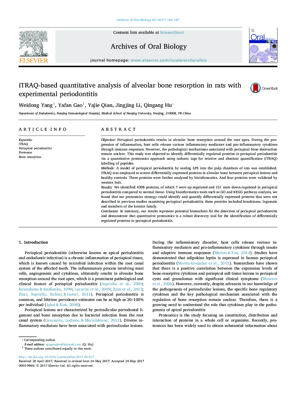 iTRAQ-based quantitative analysis of alveolar bone resorption in rats with experimental periodontitis