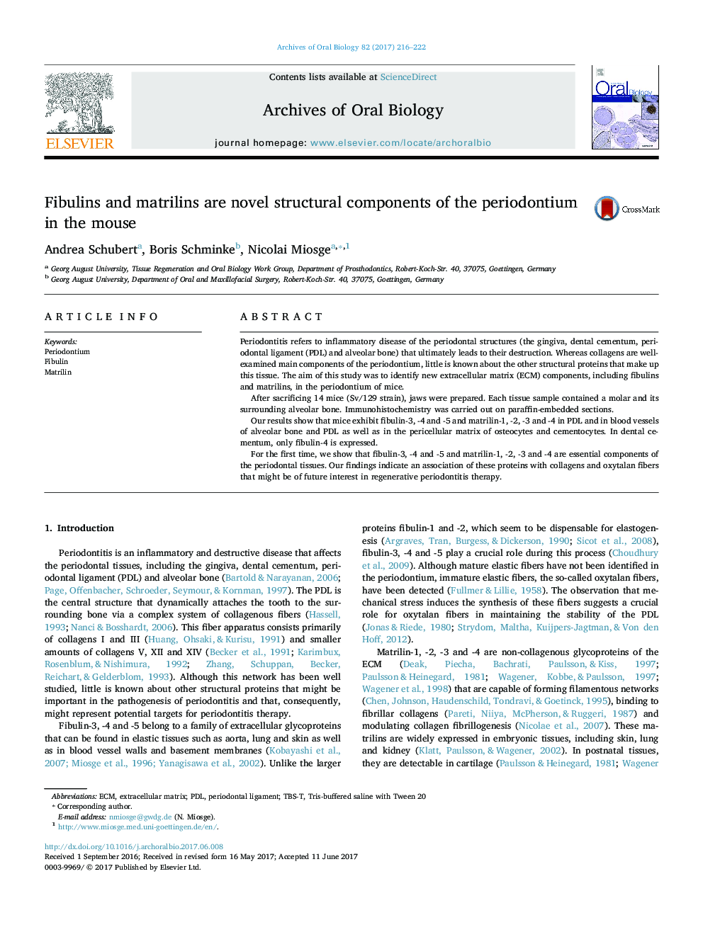 Fibulins and matrilins are novel structural components of the periodontium in the mouse