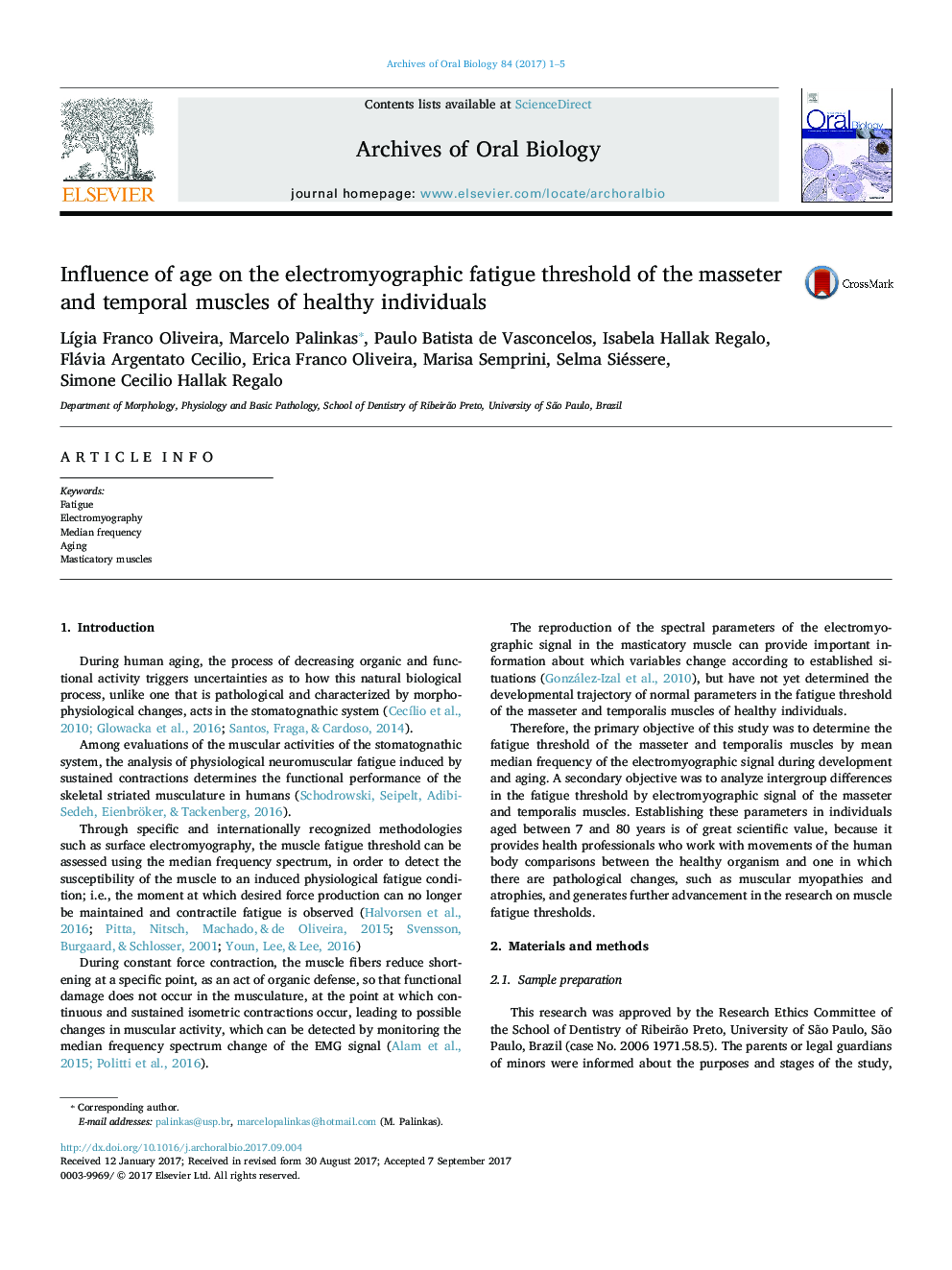 Influence of age on the electromyographic fatigue threshold of the masseter and temporal muscles of healthy individuals