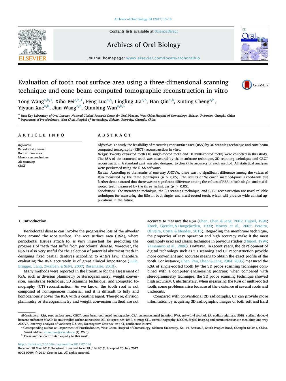 Evaluation of tooth root surface area using a three-dimensional scanning technique and cone beam computed tomographic reconstruction in vitro