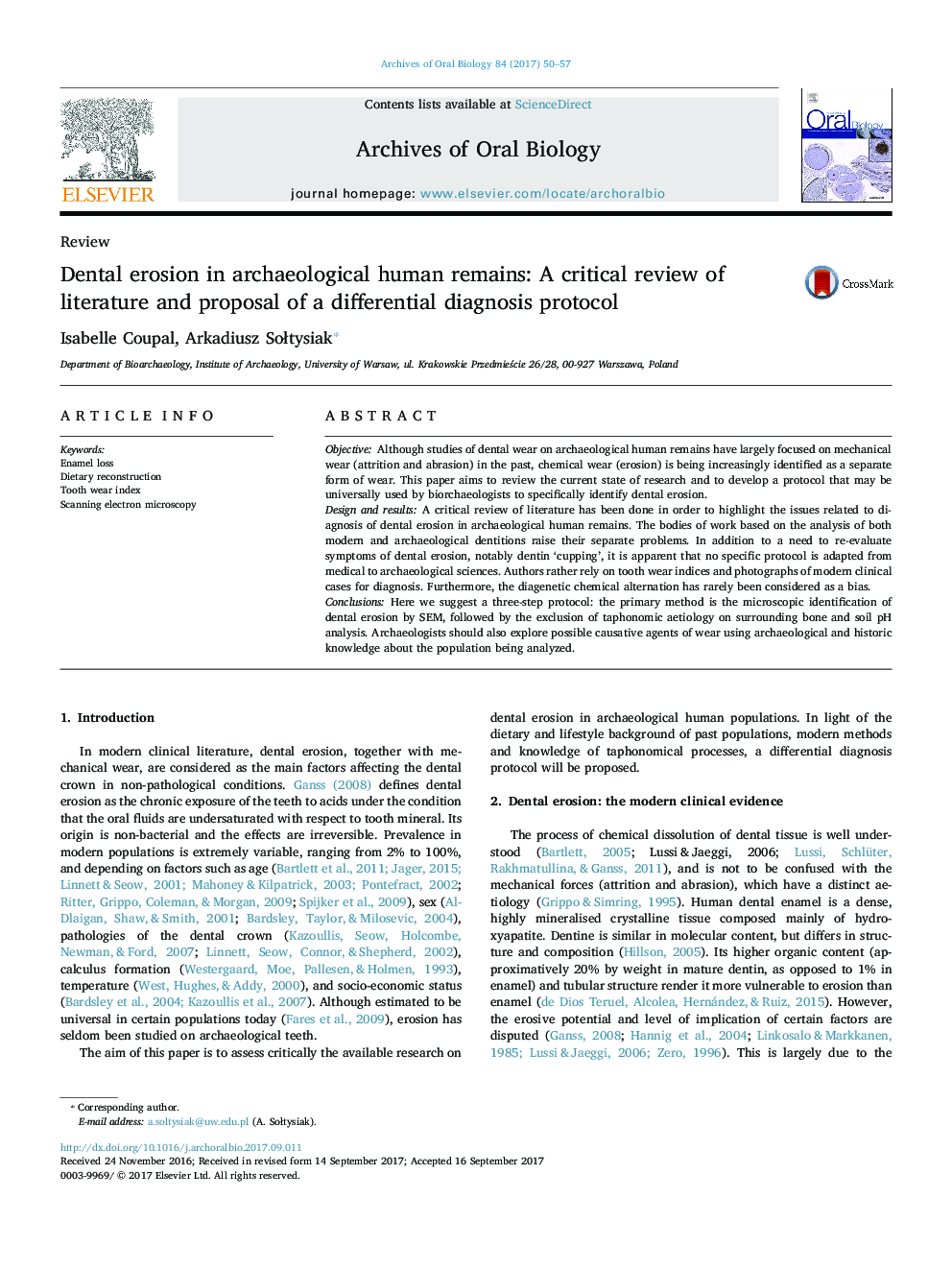 Dental erosion in archaeological human remains: A critical review of literature and proposal of a differential diagnosis protocol