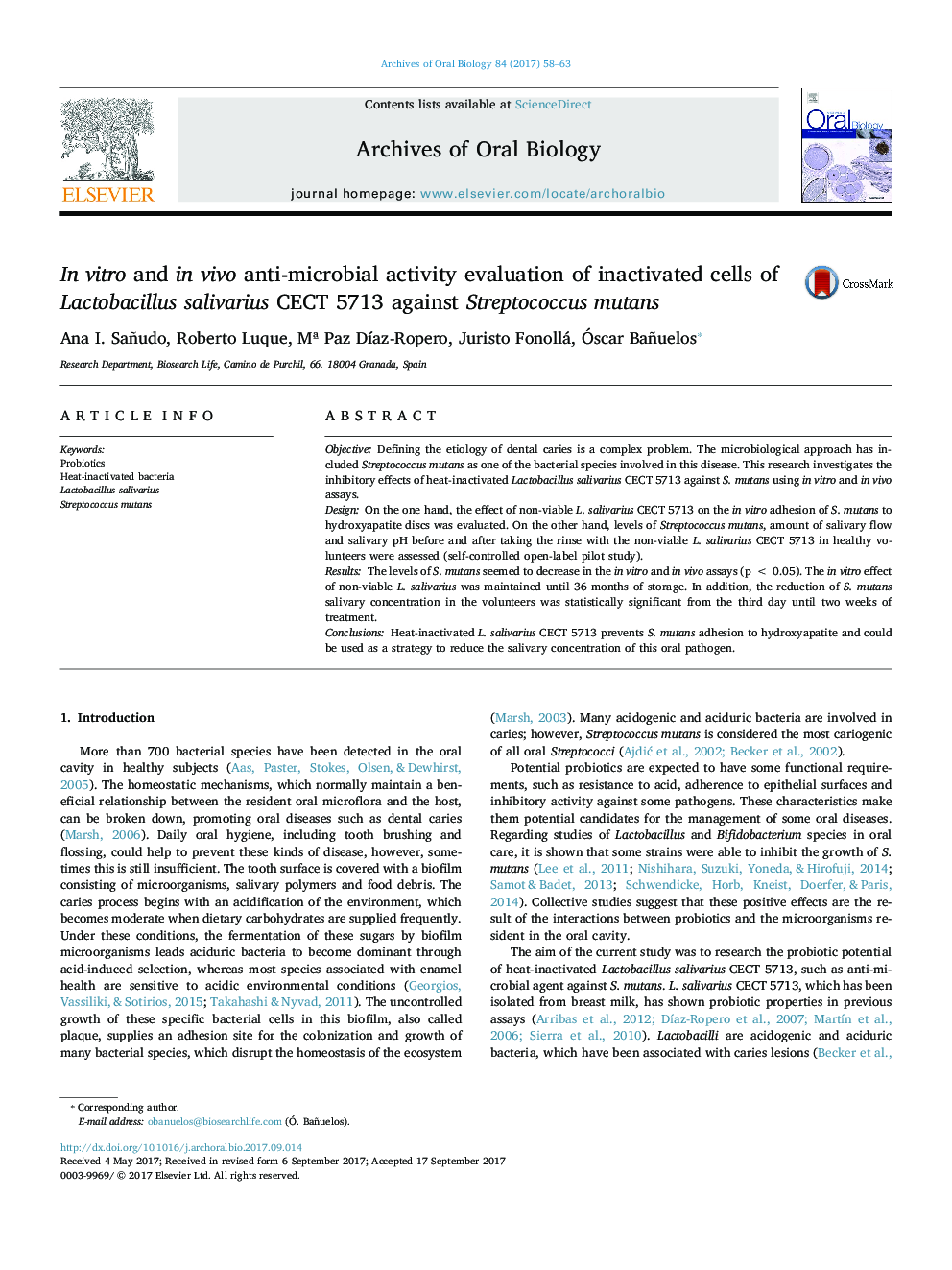 In vitro and in vivo anti-microbial activity evaluation of inactivated cells of Lactobacillus salivarius CECT 5713 against Streptococcus mutans