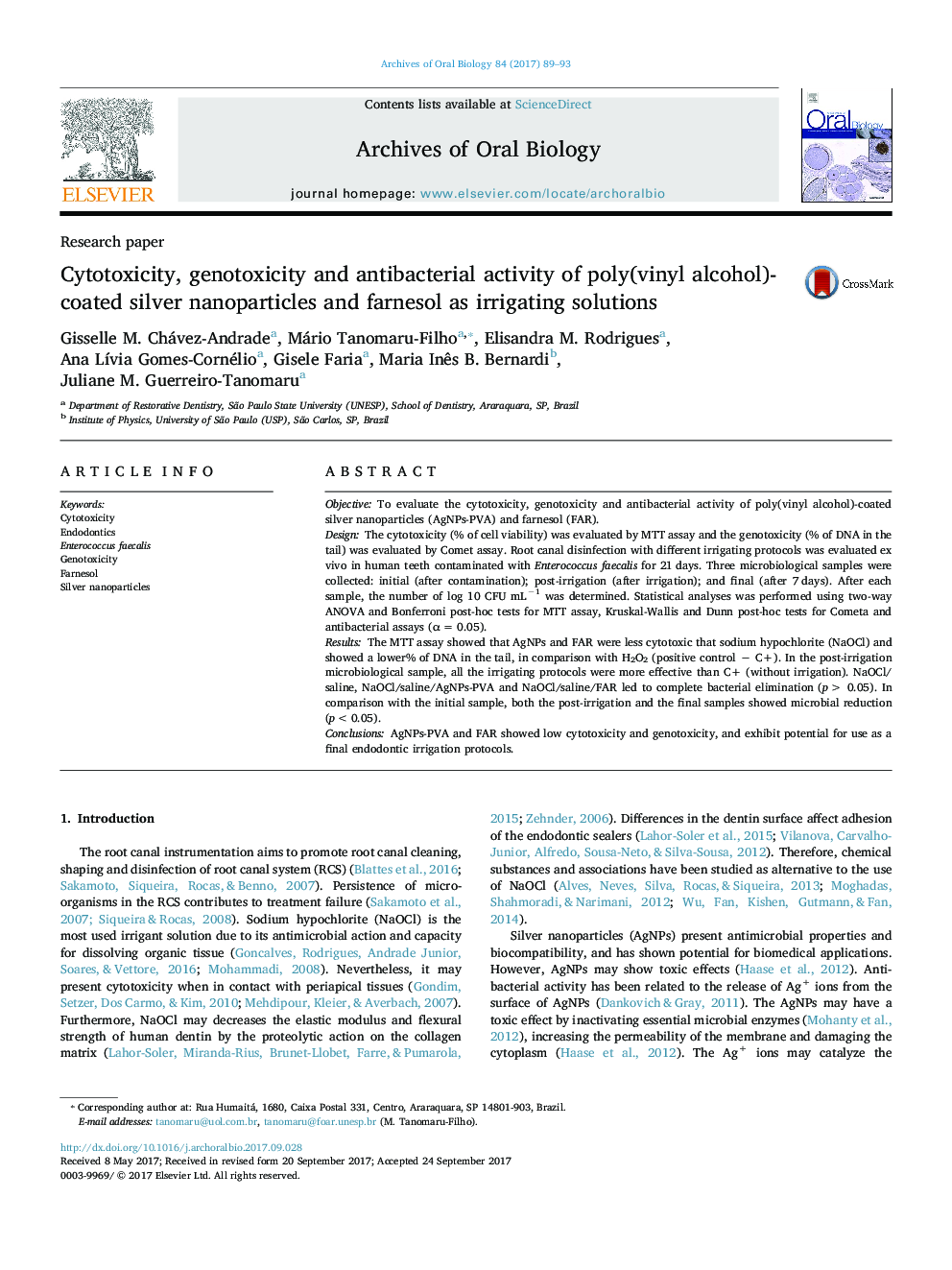 Cytotoxicity, genotoxicity and antibacterial activity of poly(vinyl alcohol)-coated silver nanoparticles and farnesol as irrigating solutions
