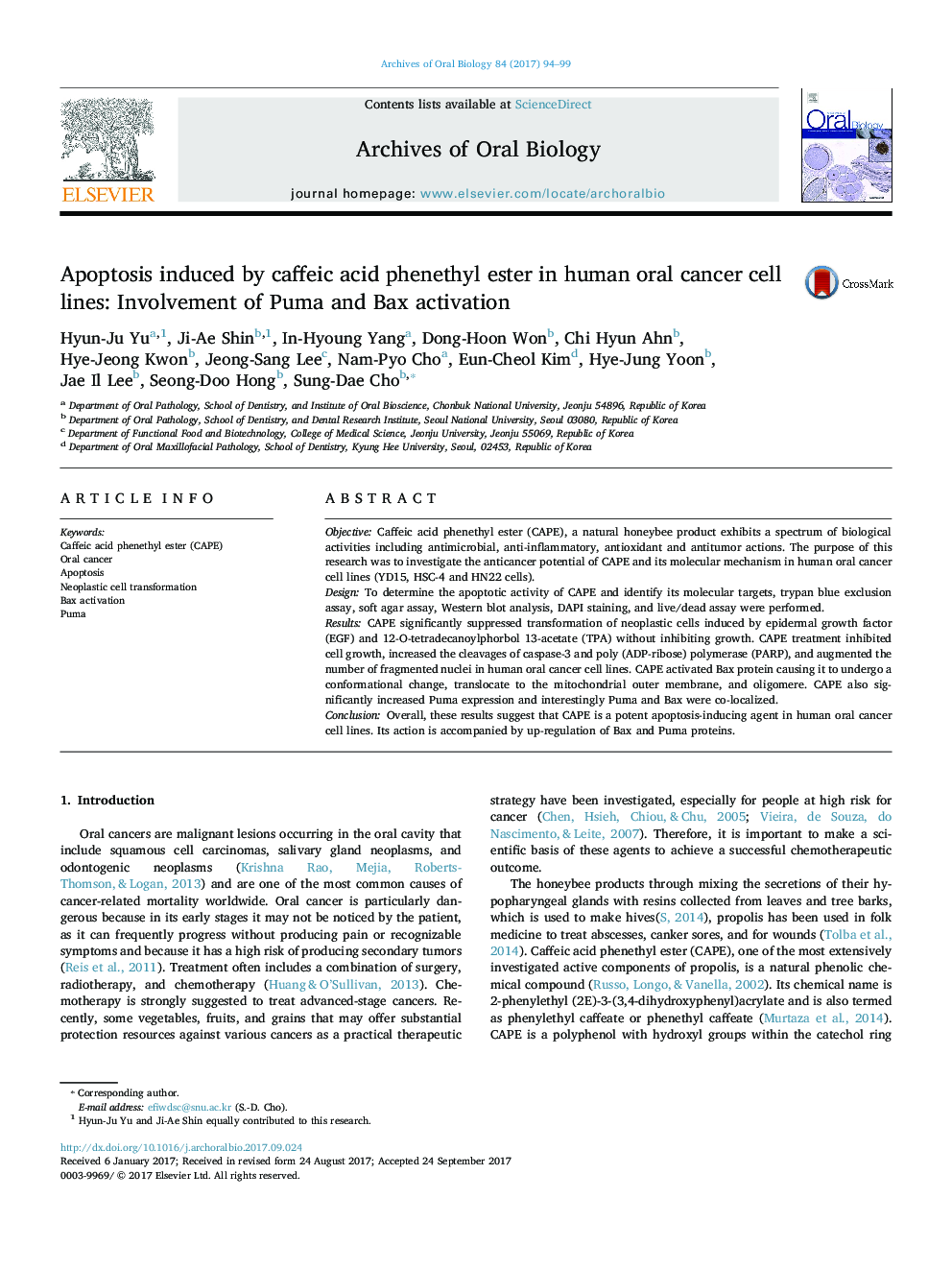 Apoptosis induced by caffeic acid phenethyl ester in human oral cancer cell lines: Involvement of Puma and Bax activation