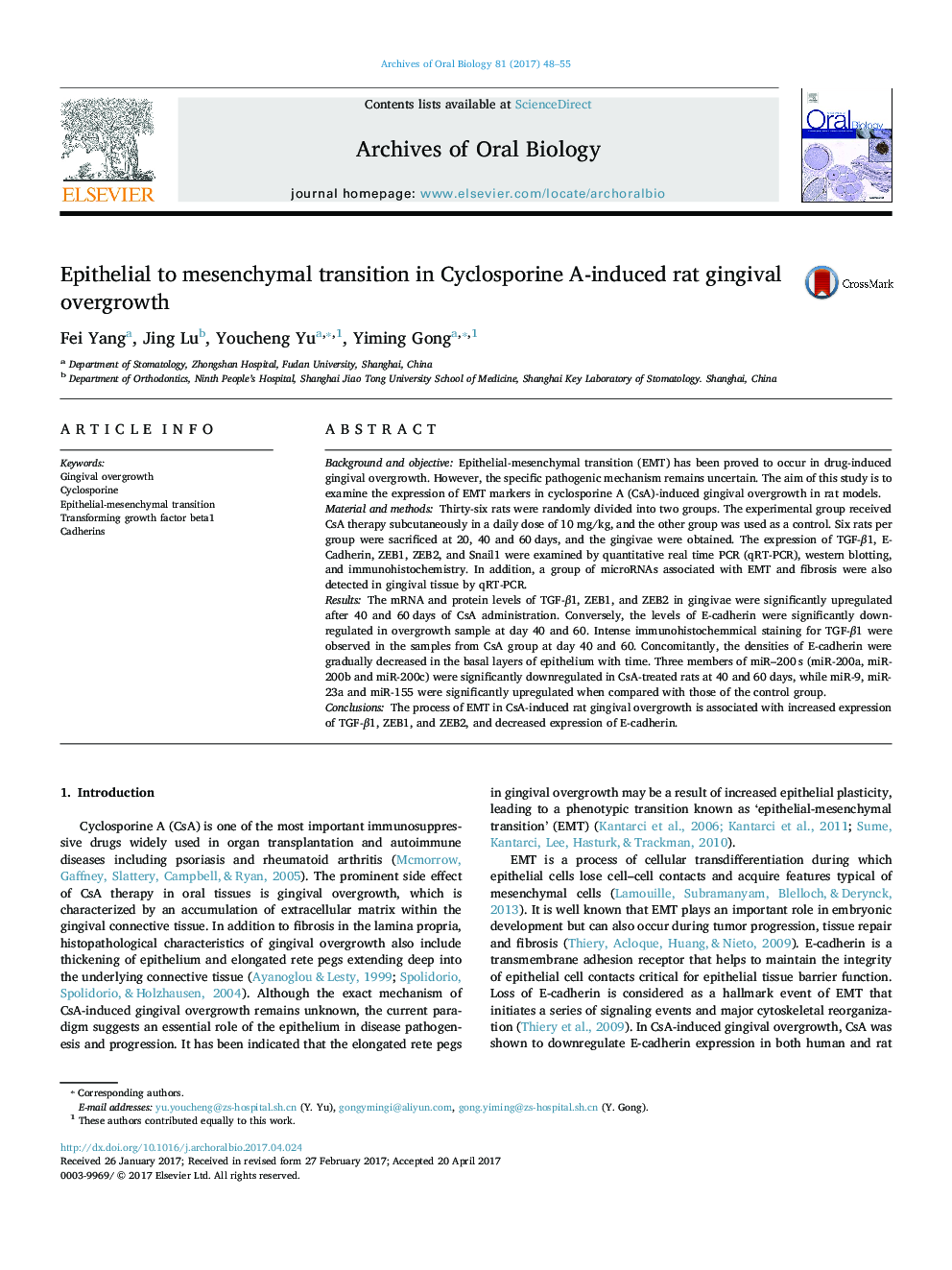 Epithelial to mesenchymal transition in Cyclosporine A-induced rat gingival overgrowth