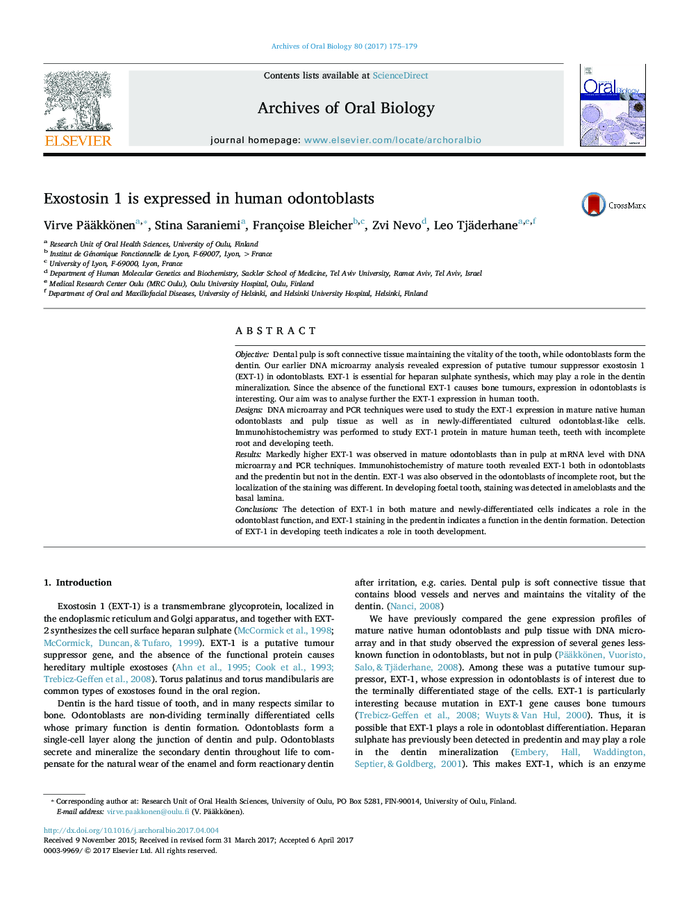 عکس صفحه اول مقاله: Exostosin 1 is expressed in human odontoblasts Exostosin 1 is expressed in human odontoblasts