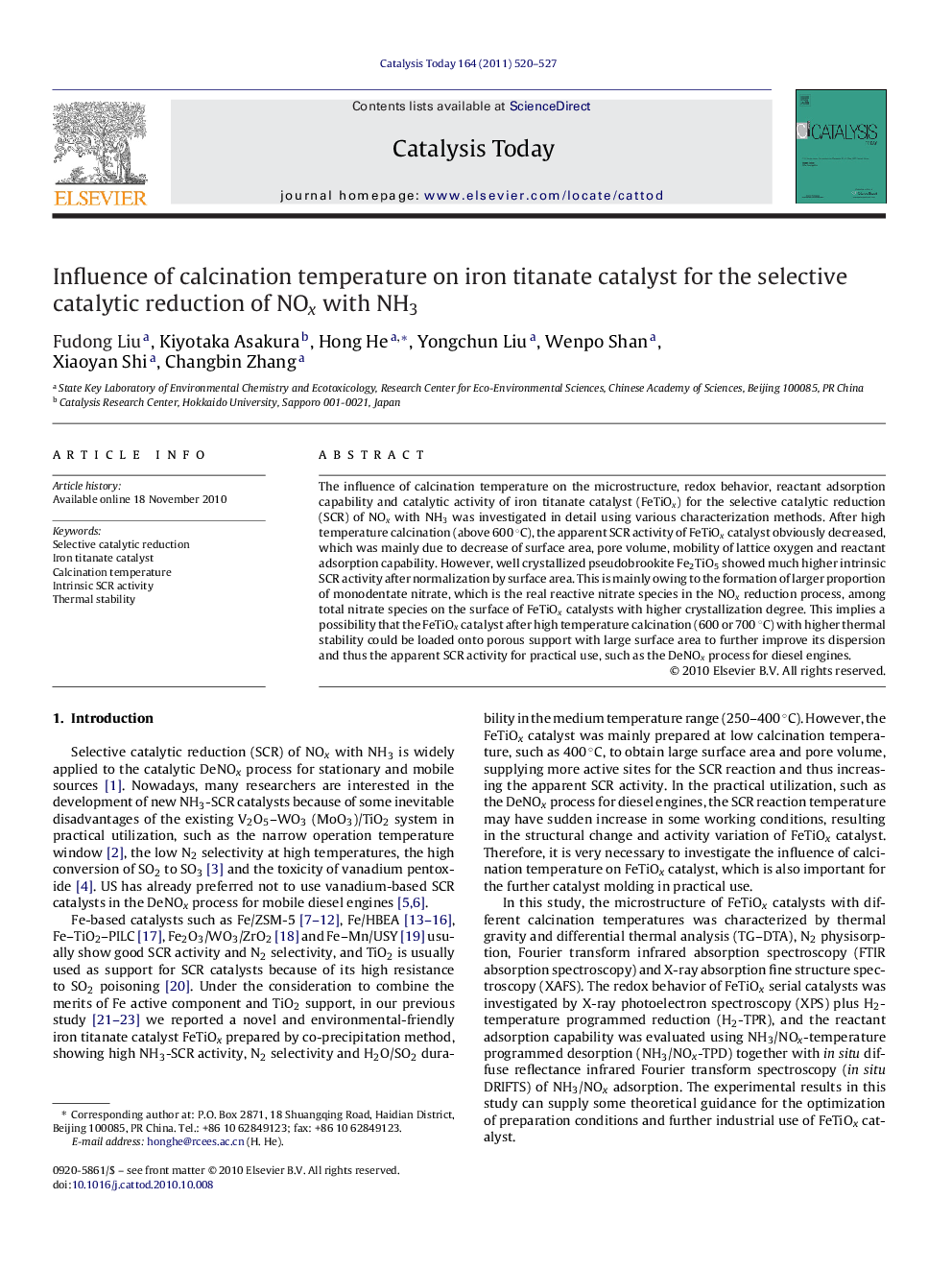 Influence of calcination temperature on iron titanate catalyst for the selective catalytic reduction of NOx with NH3