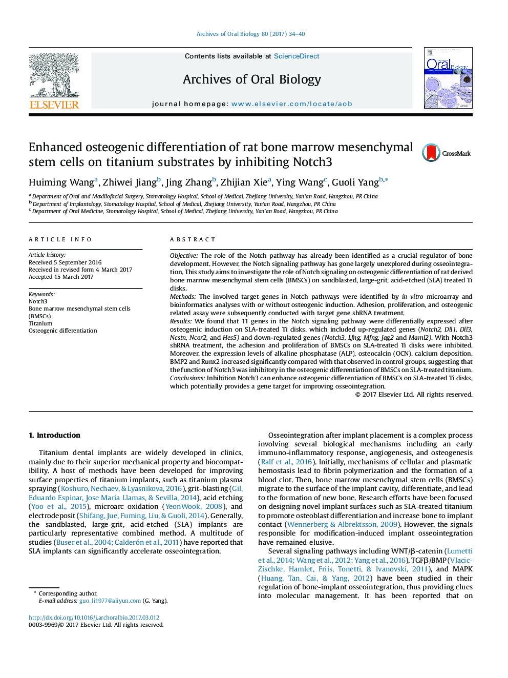Enhanced osteogenic differentiation of rat bone marrow mesenchymal stem cells on titanium substrates by inhibiting Notch3