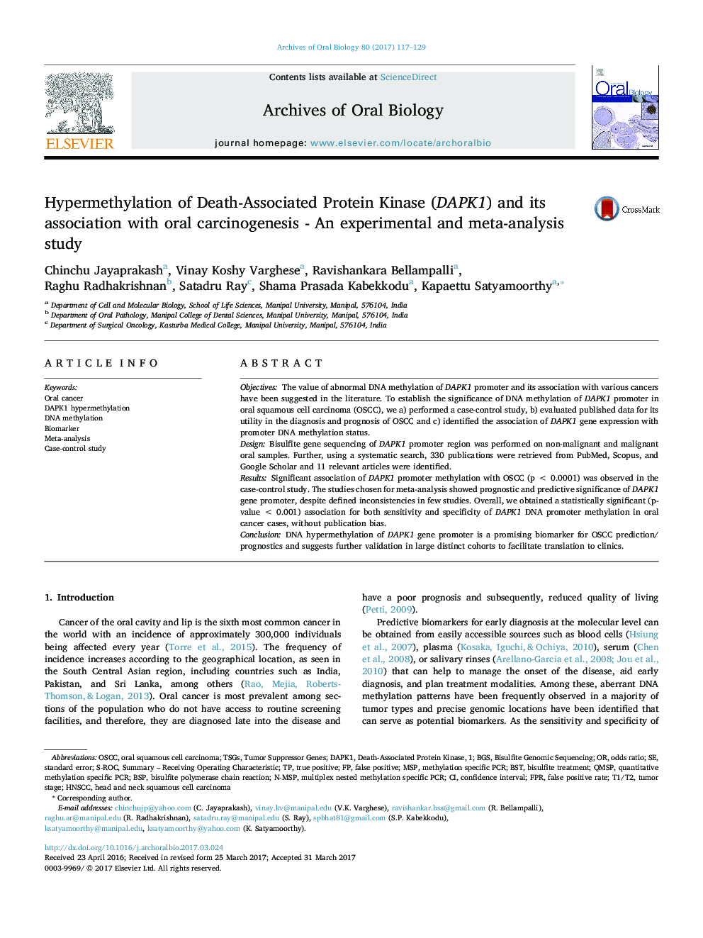 Hypermethylation of Death-Associated Protein Kinase (DAPK1) and its association with oral carcinogenesis - An experimental and meta-analysis study