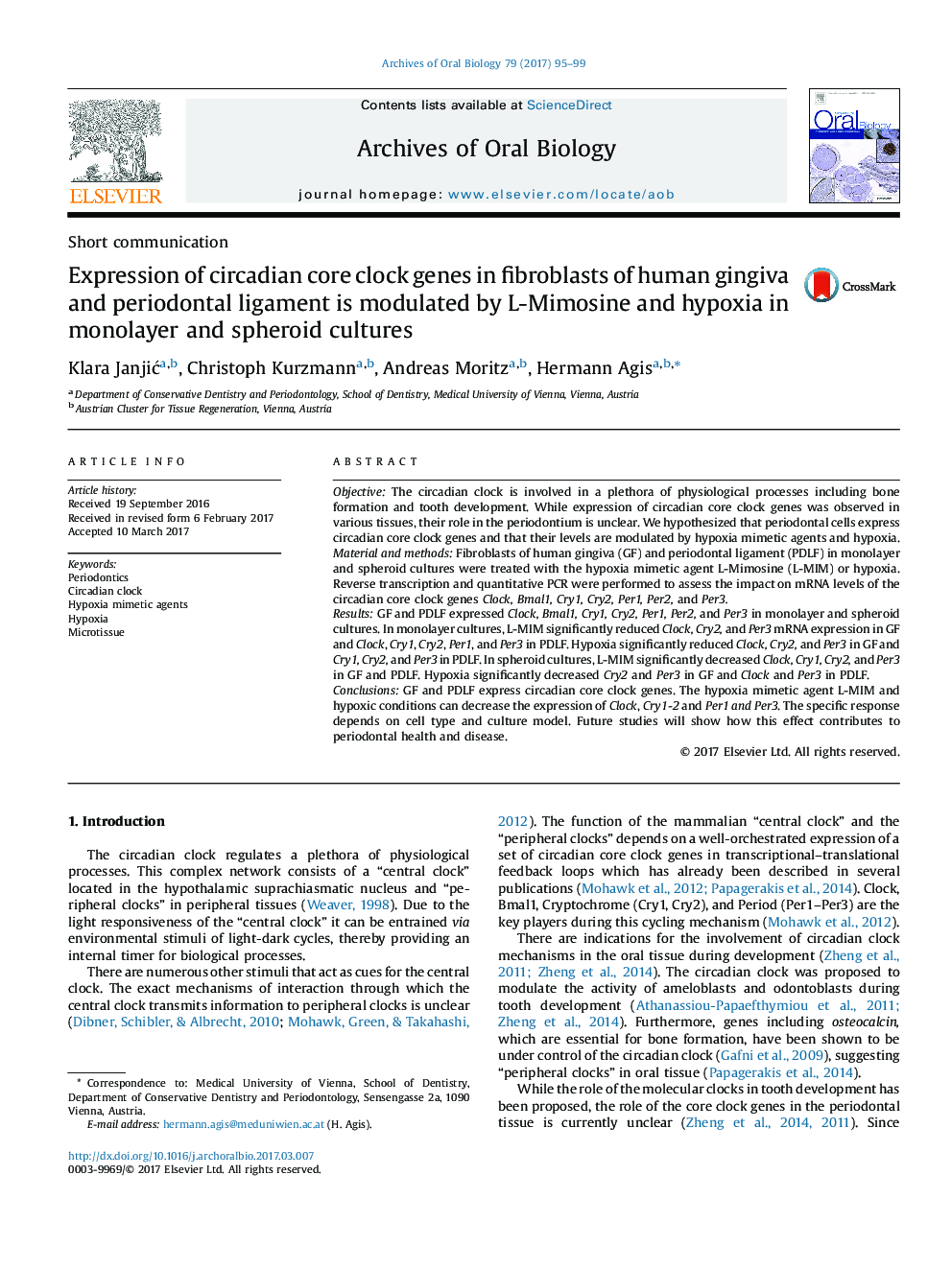 Expression of circadian core clock genes in fibroblasts of human gingiva and periodontal ligament is modulated by L-Mimosine and hypoxia in monolayer and spheroid cultures