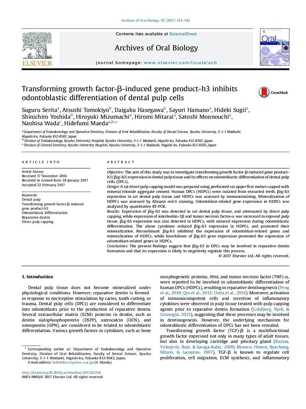 Transforming growth factor-Î²-induced gene product-h3 inhibits odontoblastic differentiation of dental pulp cells