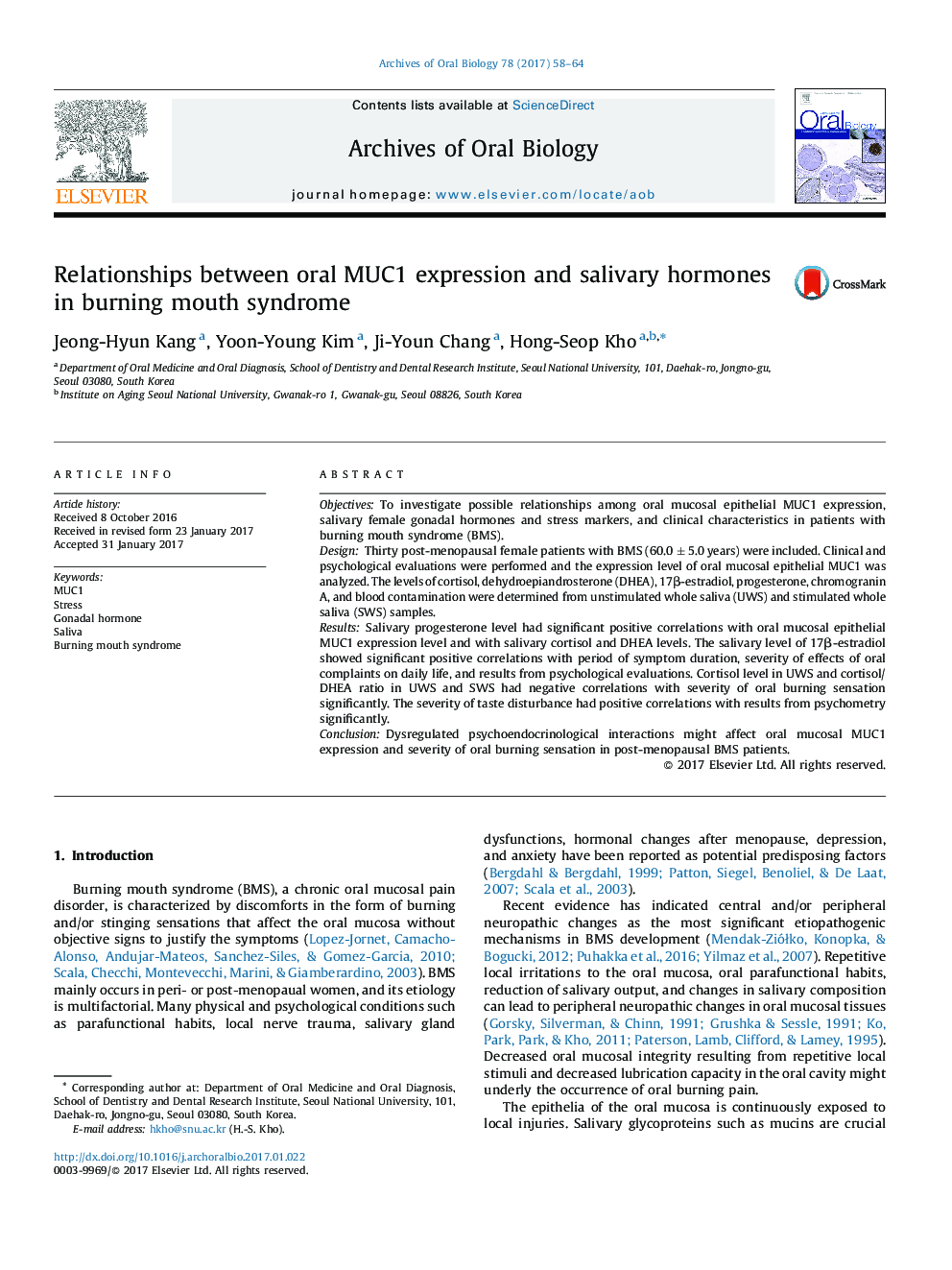 Relationships between oral MUC1 expression and salivary hormones in burning mouth syndrome