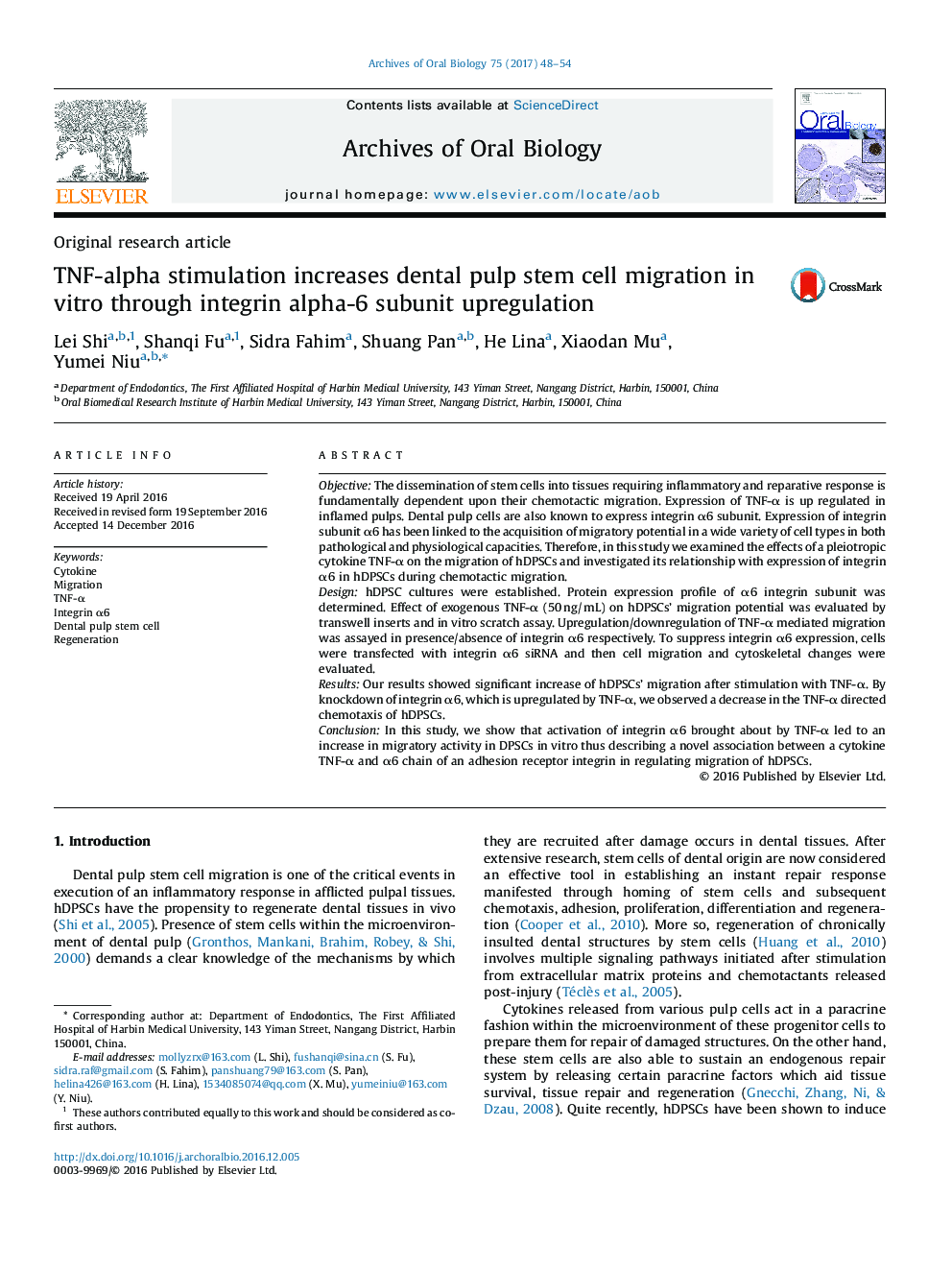 TNF-alpha stimulation increases dental pulp stem cell migration in vitro through integrin alpha-6 subunit upregulation