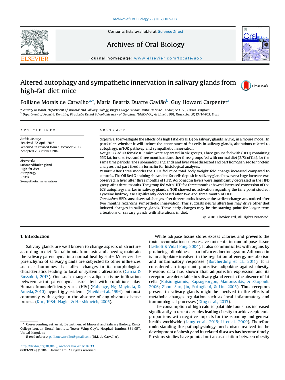 Altered autophagy and sympathetic innervation in salivary glands from high-fat diet mice