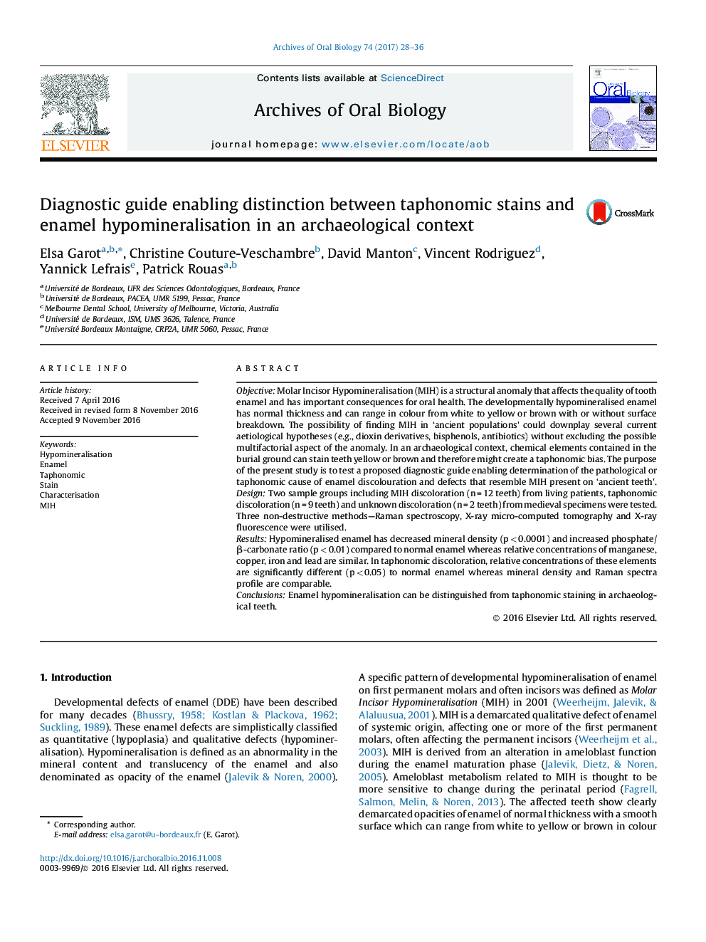 Diagnostic guide enabling distinction between taphonomic stains and enamel hypomineralisation in an archaeological context