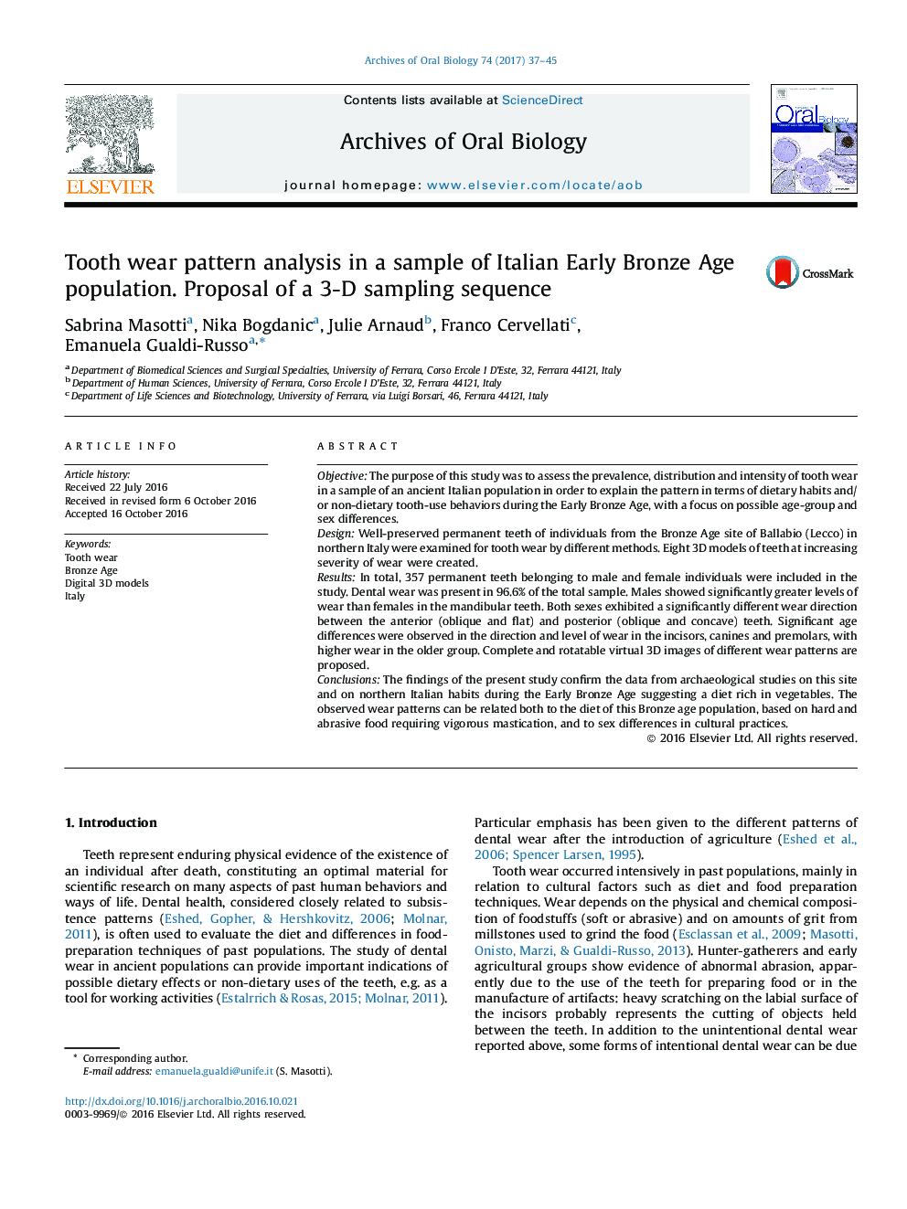 Tooth wear pattern analysis in a sample of Italian Early Bronze Age population. Proposal of a 3-D sampling sequence