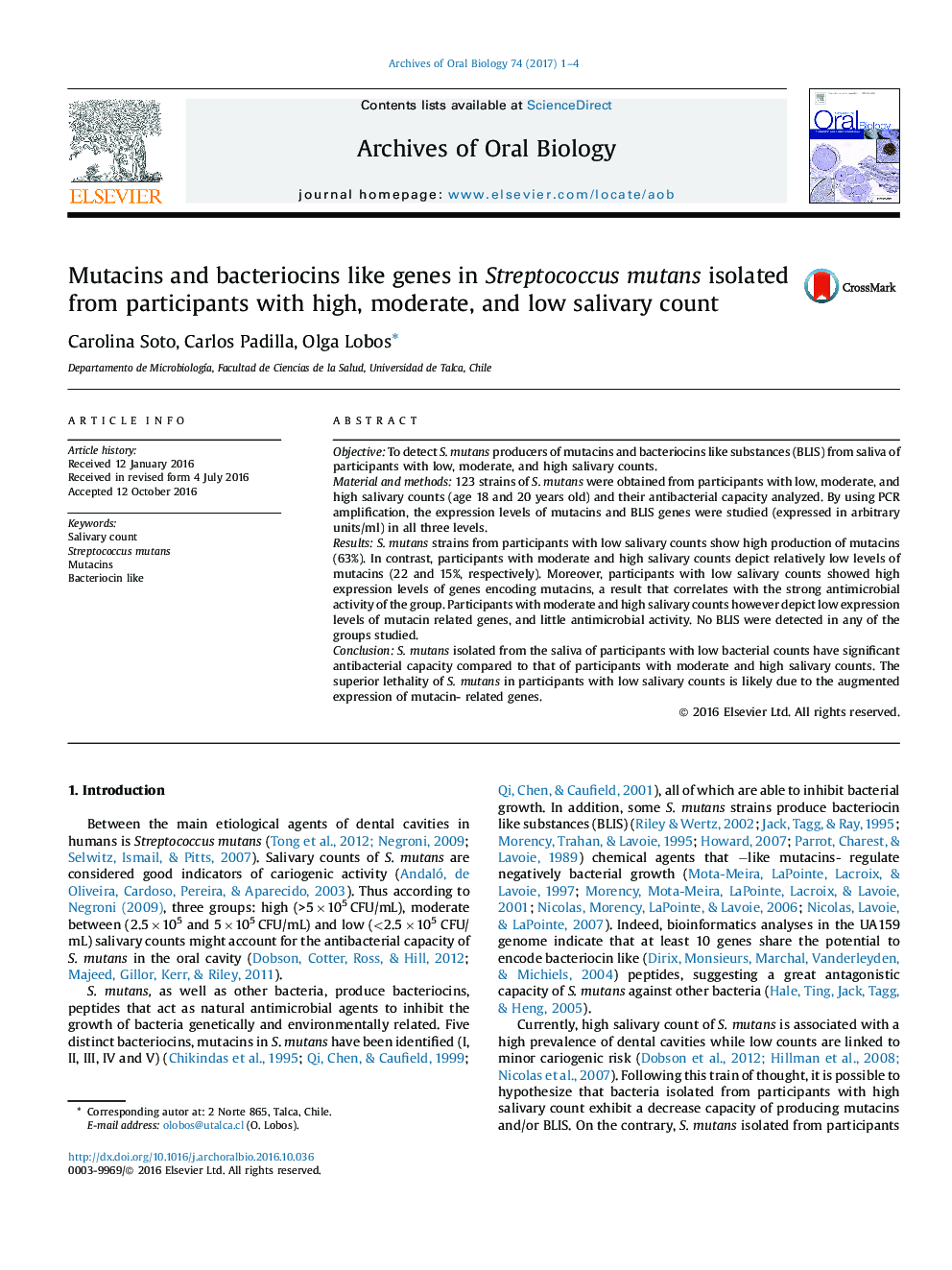 Mutacins and bacteriocins like genes in Streptococcus mutans isolated from participants with high, moderate, and low salivary count