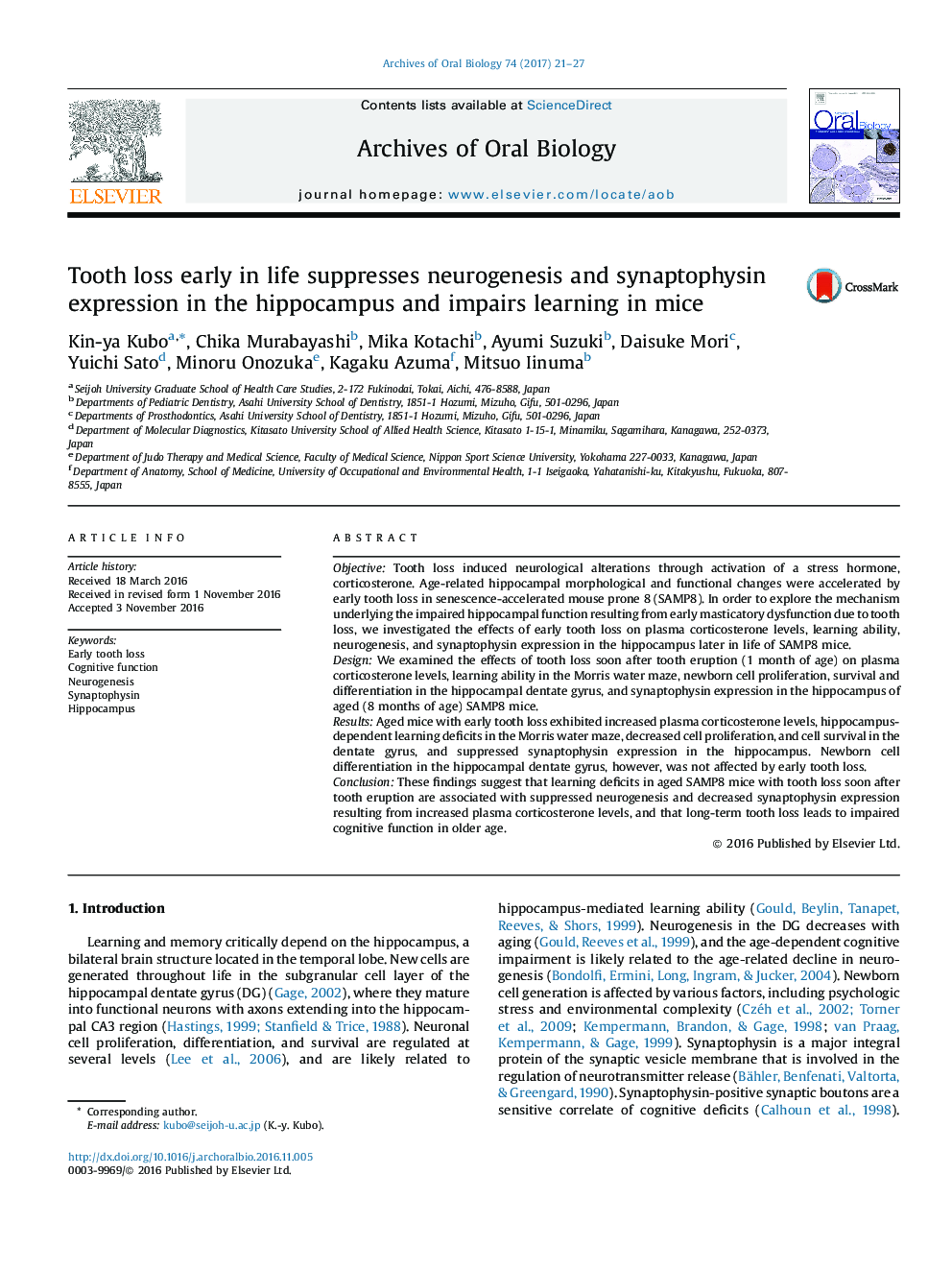 Tooth loss early in life suppresses neurogenesis and synaptophysin expression in the hippocampus and impairs learning in mice