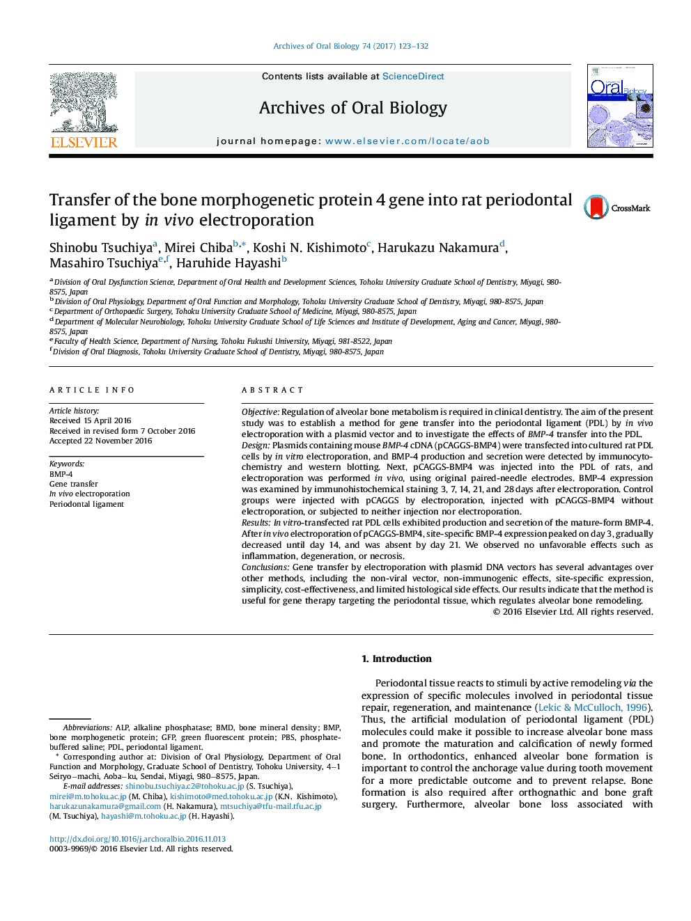 Transfer of the bone morphogenetic protein 4 gene into rat periodontal ligament by in vivo electroporation